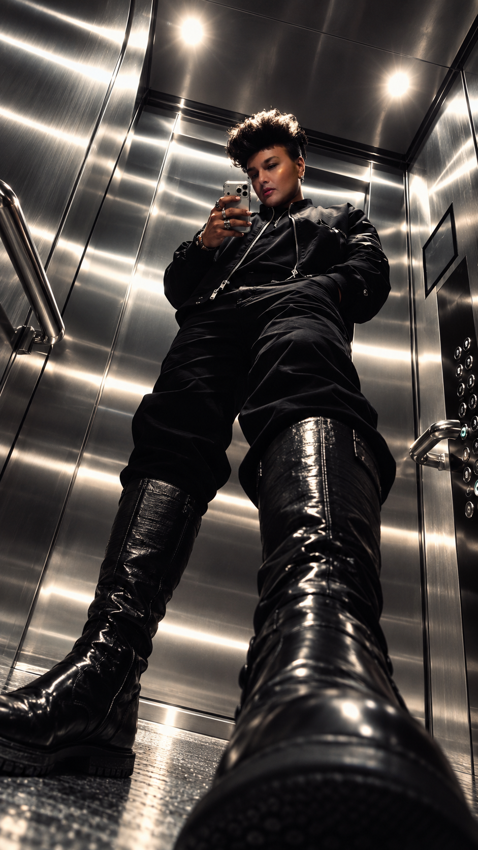 Nikesh Patel in a black flight jacket and tall patent boots, photographed from below in a mirrored steel lift